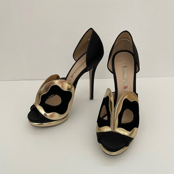 Nickolas Kirkwood Black Satin Gold Leather Pumps 39 - Picture 4 of 12